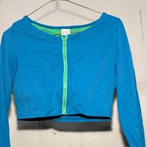Blue Long Sleeve Swim Crop Top with Green Zipper